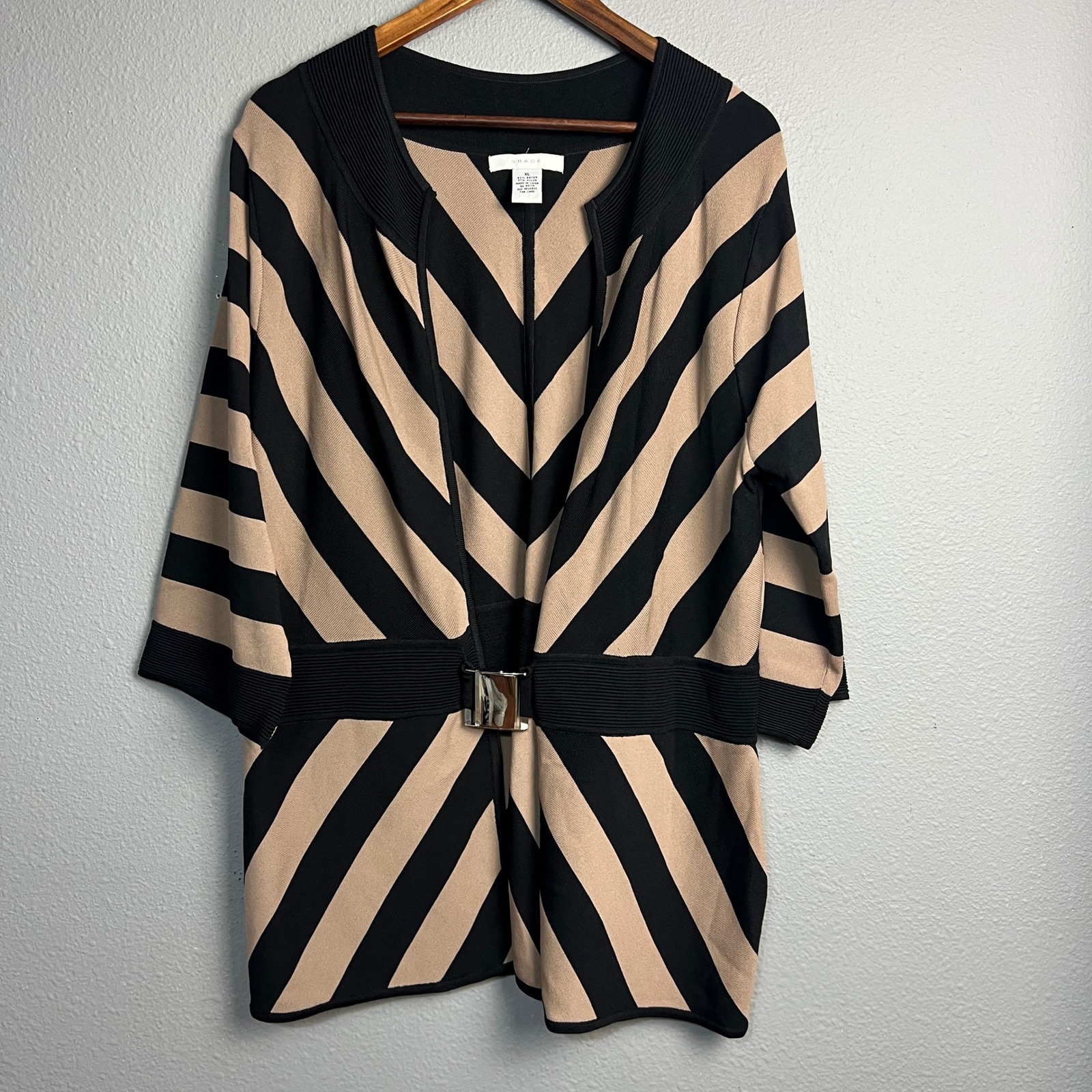 Grace Xl Black Beige Striped Sweater Knit Top Buckle Belted 3/4 Sl Heavyweight